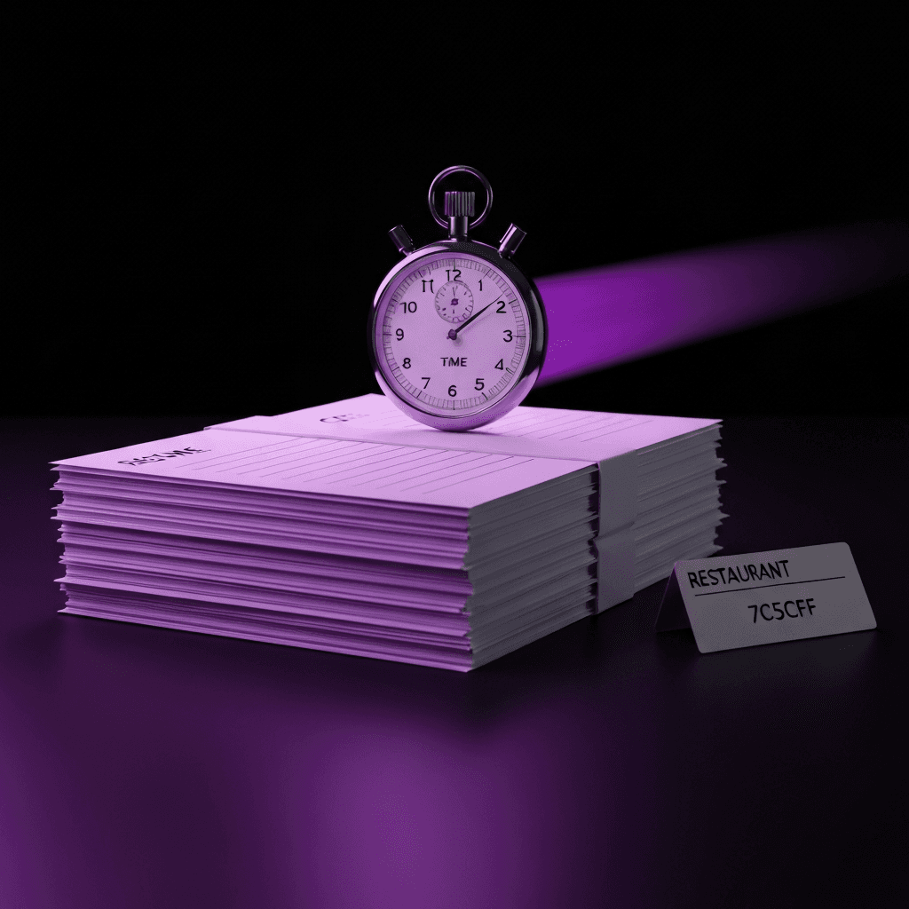 Resume stack with stopwatch and restaurant badge under purple scanner light, showing AI cutting time-to-hire by 85%.