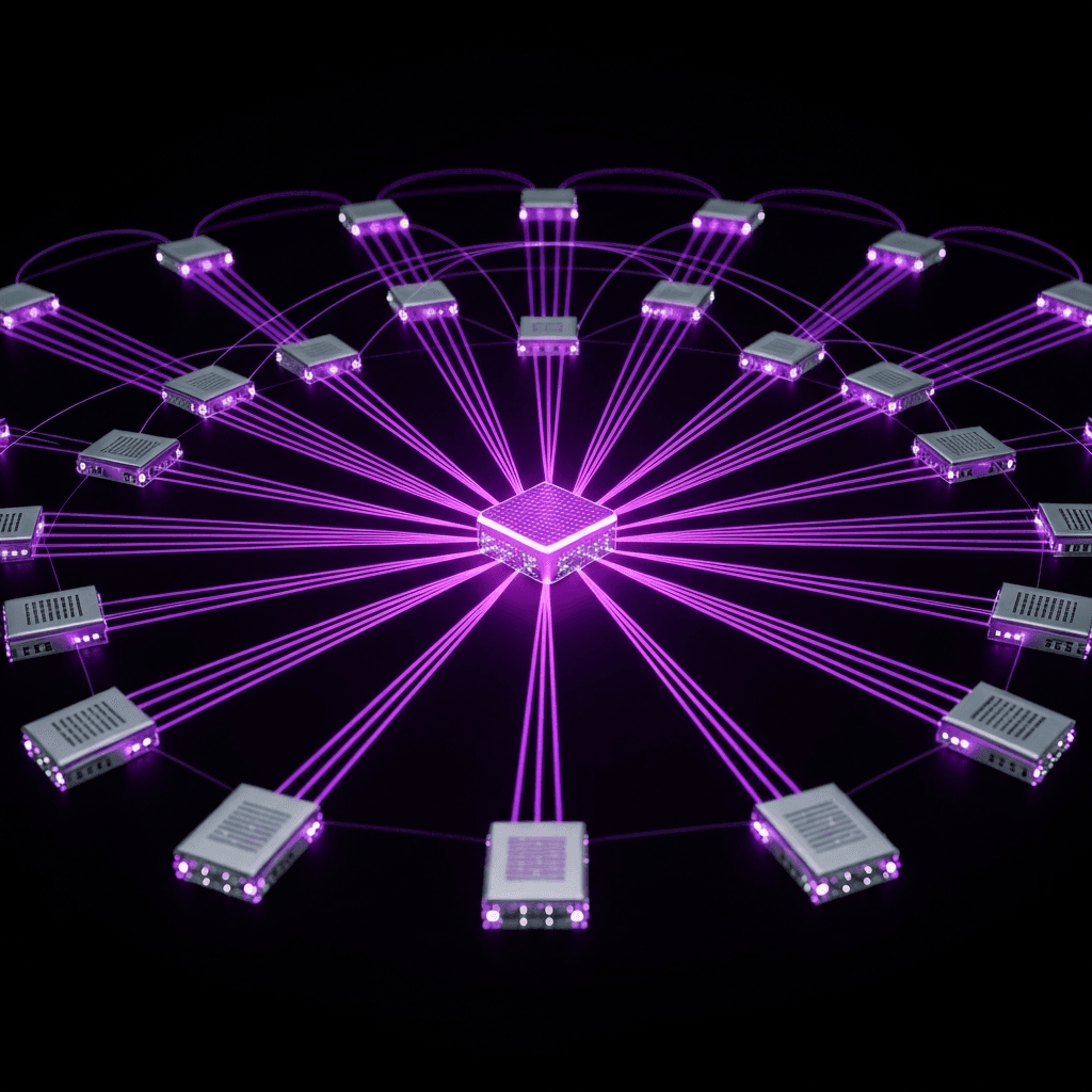 SD-WAN controller hub radiating overlay tunnels to edge routers in a mesh network topology.
