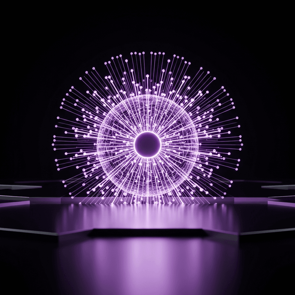 Glowing AI core with intricate circuits, representing production-ready AI systems built by experienced developers.