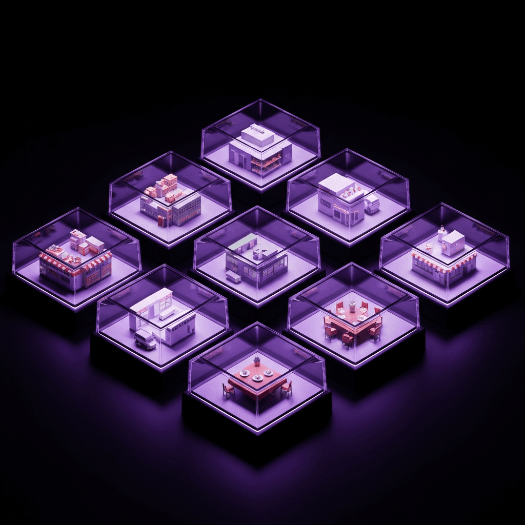 Nine illuminated display cases showing miniature business scenes, representing real AI case studies from small businesses.