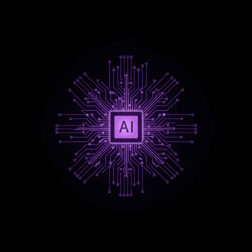 Intricate, glowing AI core representing an effective AI solution. Guides choosing expert AI developers.