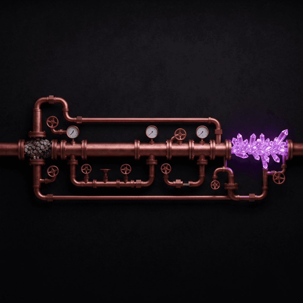 Copper industrial pipeline transforming raw ore into refined purple crystals with pressure gauges, representing ETL data pipeline stages.