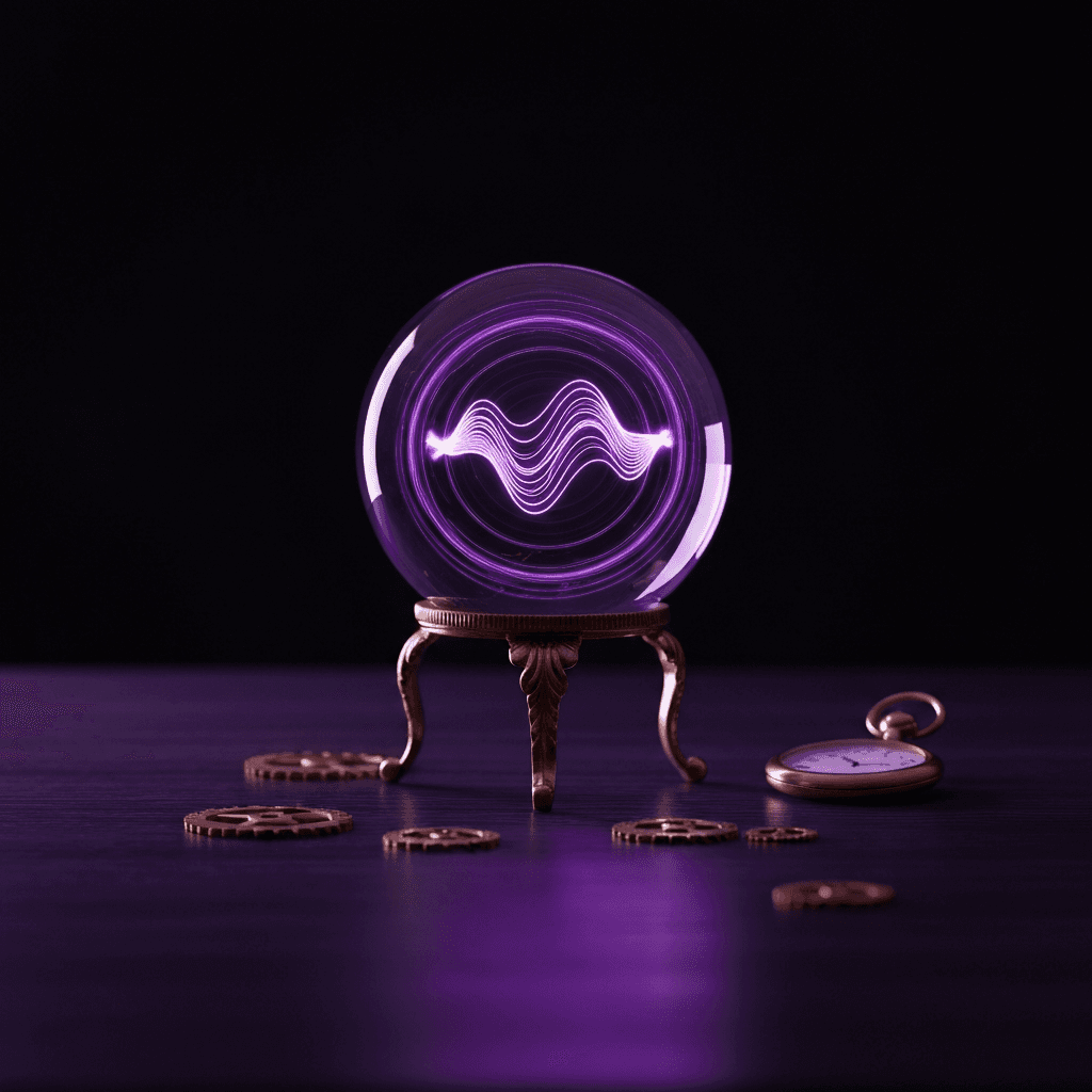 Crystal ball on a brass stand with purple swirling wave patterns inside, representing ML-powered demand forecasting.
