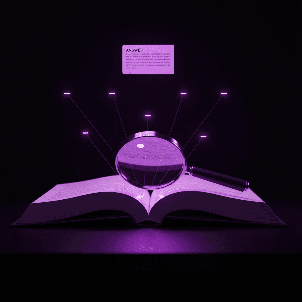 Open book with purple magnifying glass and light beams connecting passages to an answer card, representing RAG document Q&A.