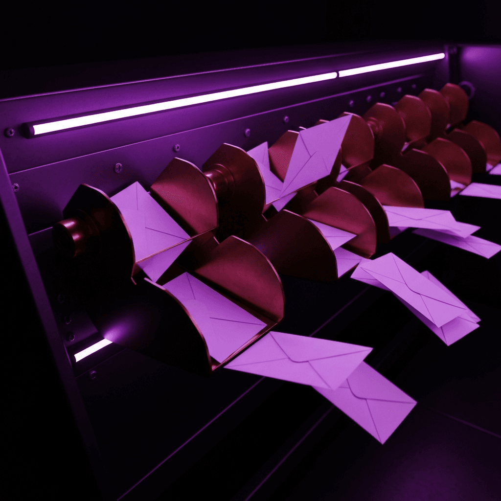 Industrial mail sorting machine with brass chutes directing envelopes into classified categories using AI.