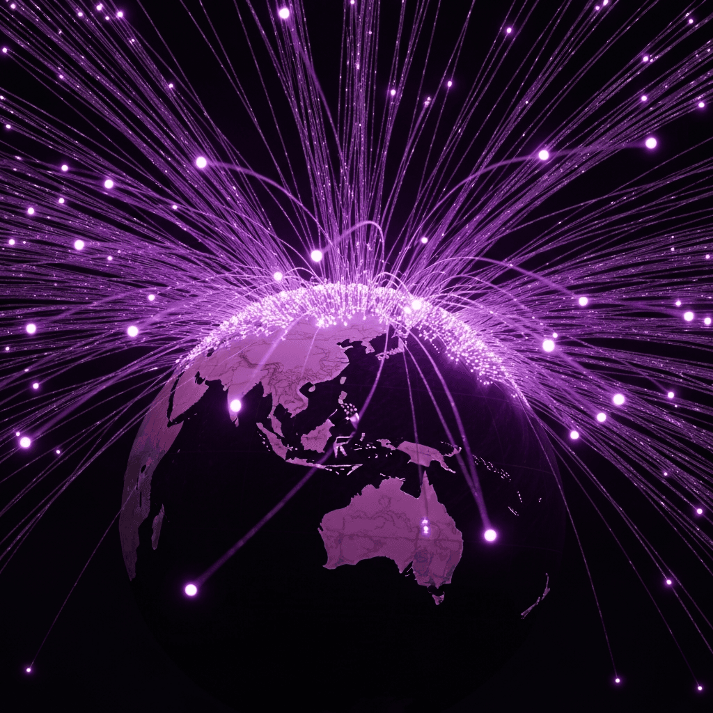 Glowing purple fiber optic web draped over a Southeast Asian globe with data packets in transit, representing multi-source web scraping.