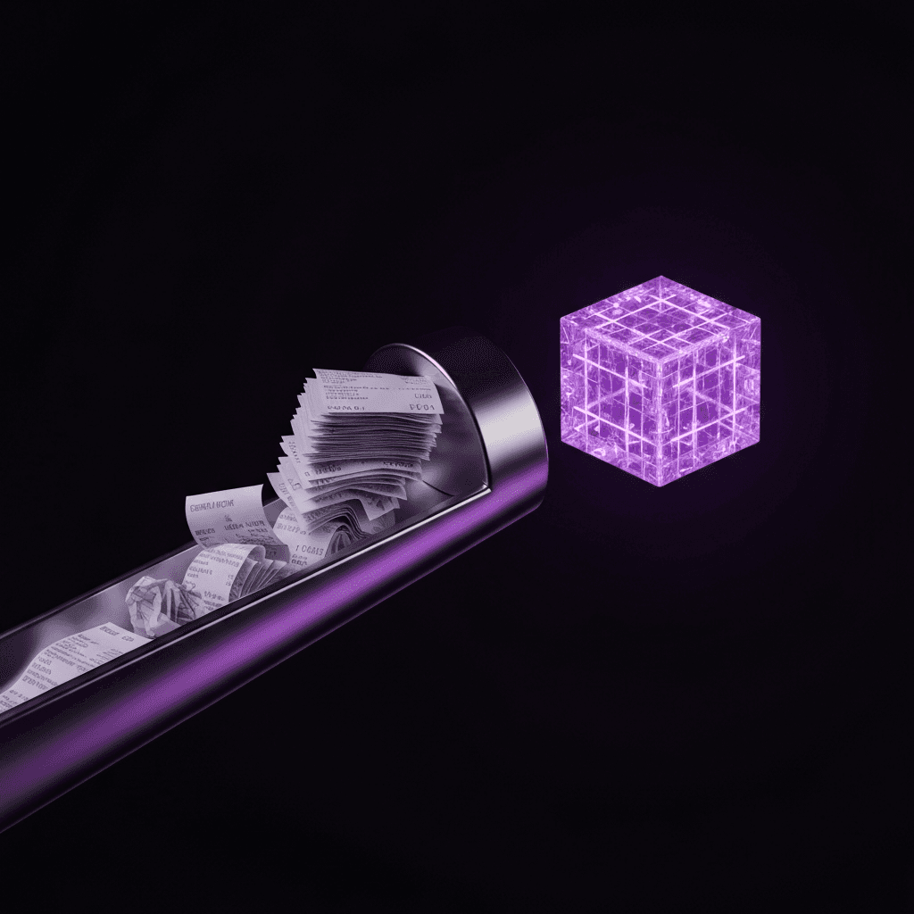 Paper receipts feeding through a metallic funnel into a glowing purple data cube, representing PDF invoice parsing into structured JSON.