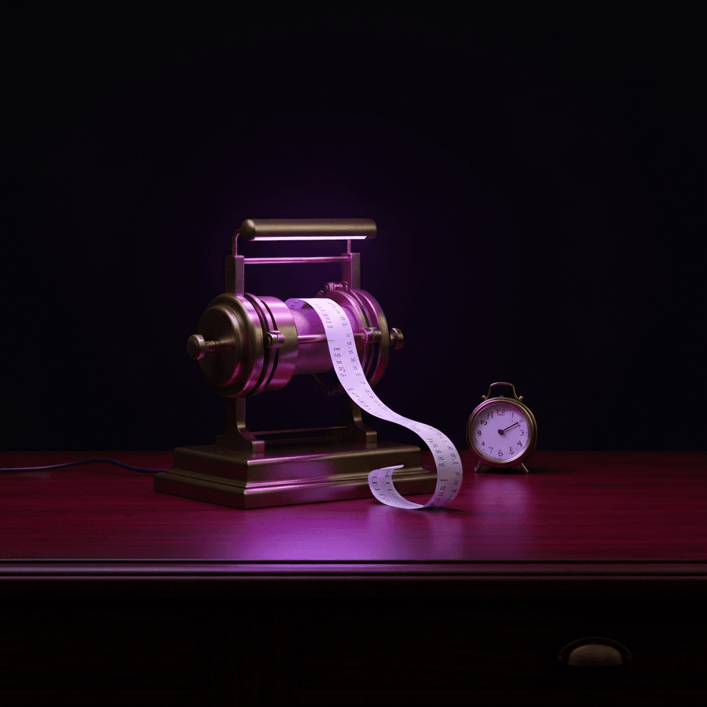 Vintage brass stock ticker machine with paper tape and purple LED illumination, representing live market data pipeline.