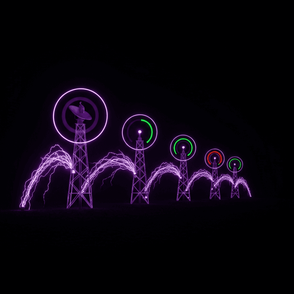 Five signal towers connected by purple electrical arcs with status indicators, representing real-time network endpoint monitoring.
