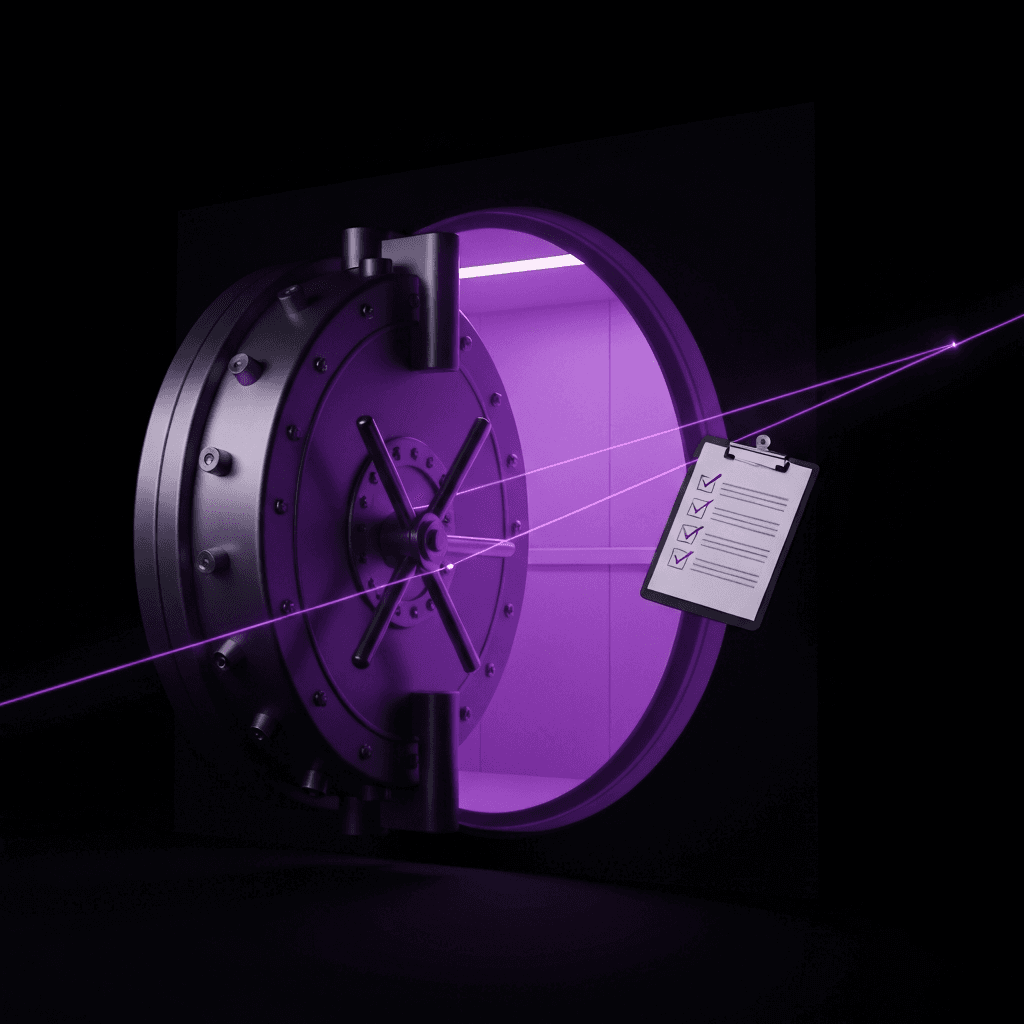 Bank vault door with purple laser security beams and a floating checklist, representing comprehensive security header auditing.