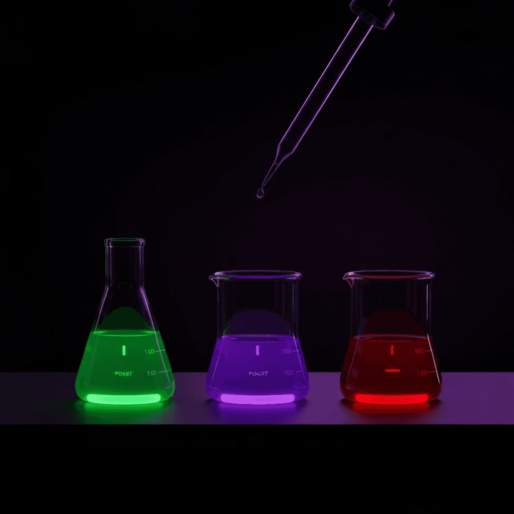 Three laboratory beakers with green, purple, and red glowing liquids representing positive, neutral, and negative sentiment analysis.