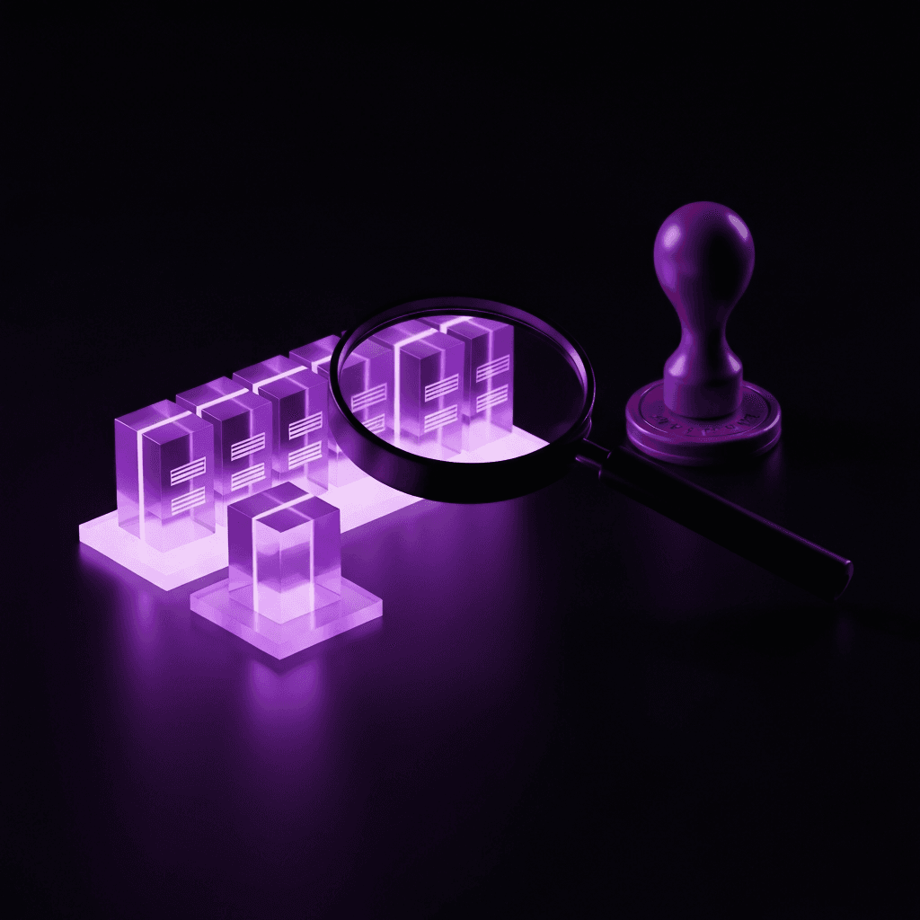 Magnifying glass over a glowing purple wireframe website model with a grading stamp, representing comprehensive SEO auditing.