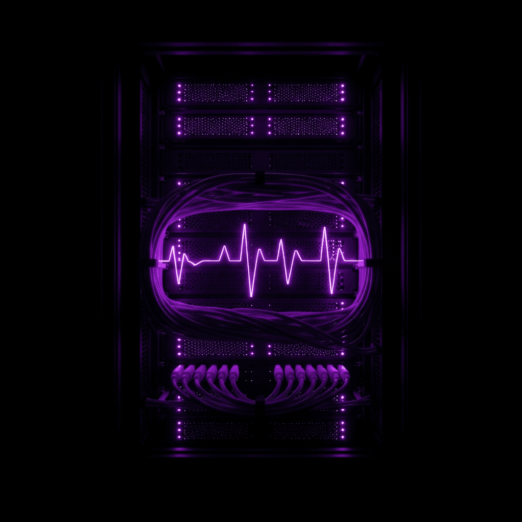 Server rack with LEDs forming a purple heartbeat pulse pattern, representing real-time server health monitoring.