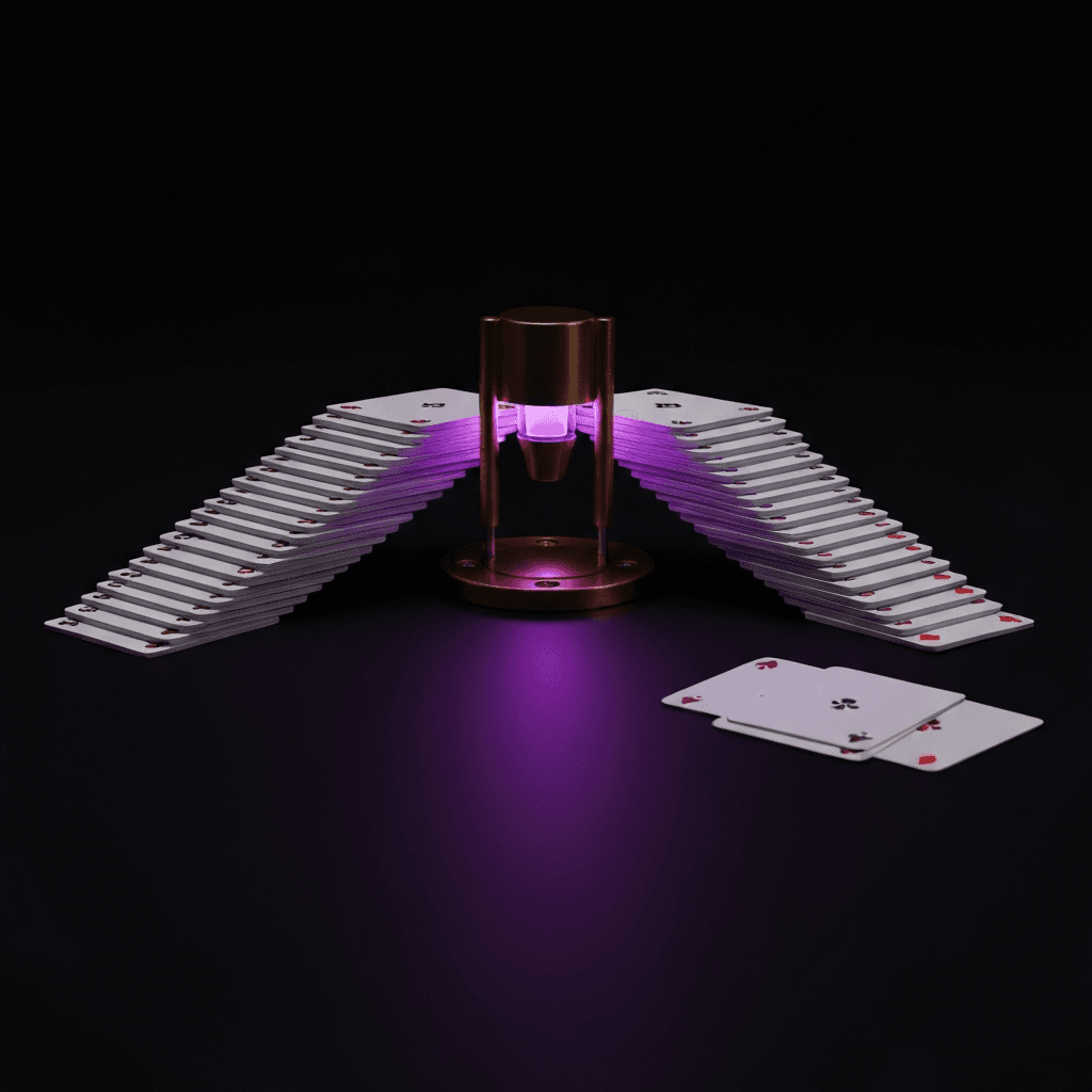 Two stacks of punched cards converging into a brass matching mechanism with purple glow, representing spreadsheet reconciliation.