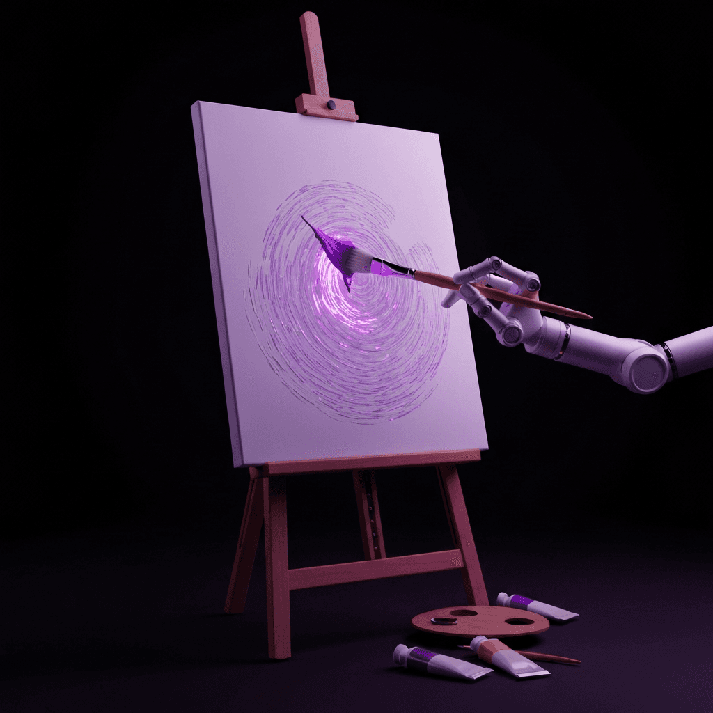 Robotic arm painting a canvas in Van Gogh style with glowing purple paint, representing neural style transfer.