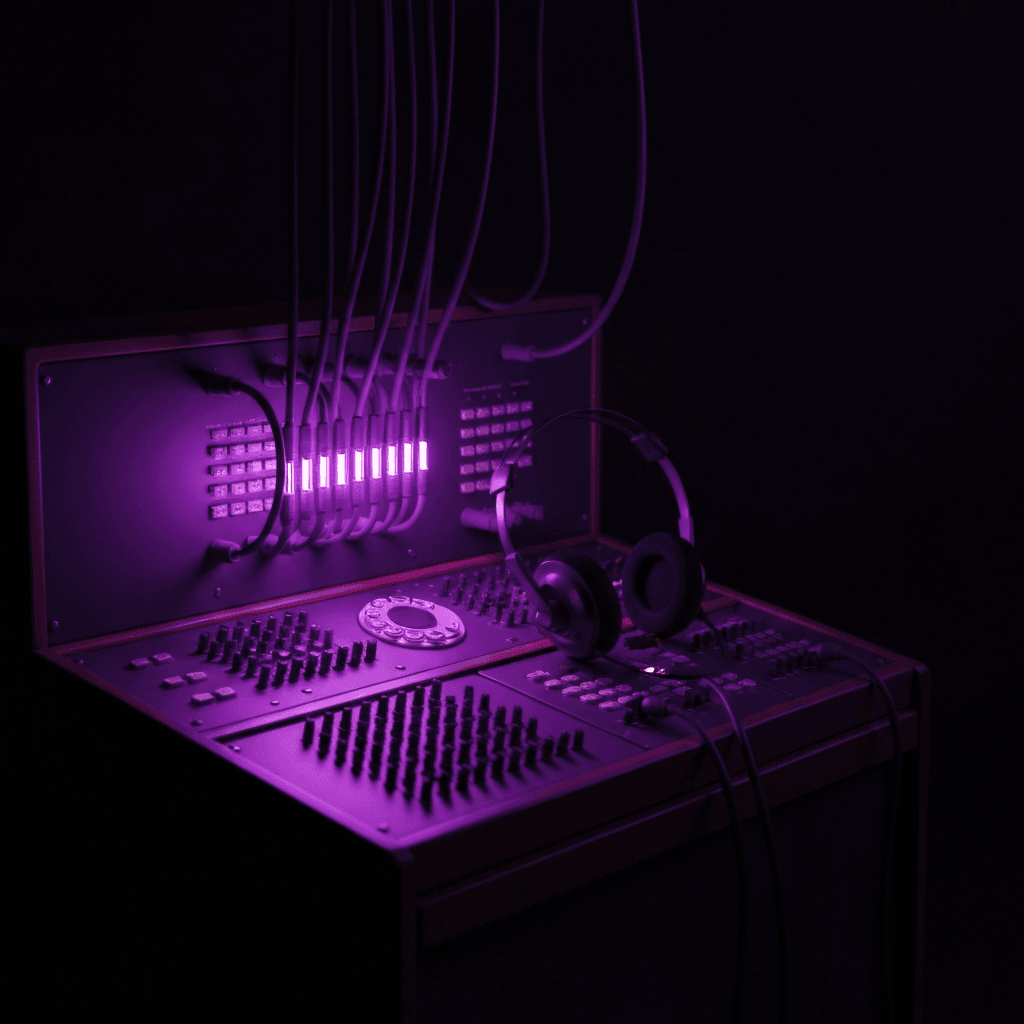 Vintage telephone switchboard with glowing purple patch cable connections, representing AI-powered support ticket routing.