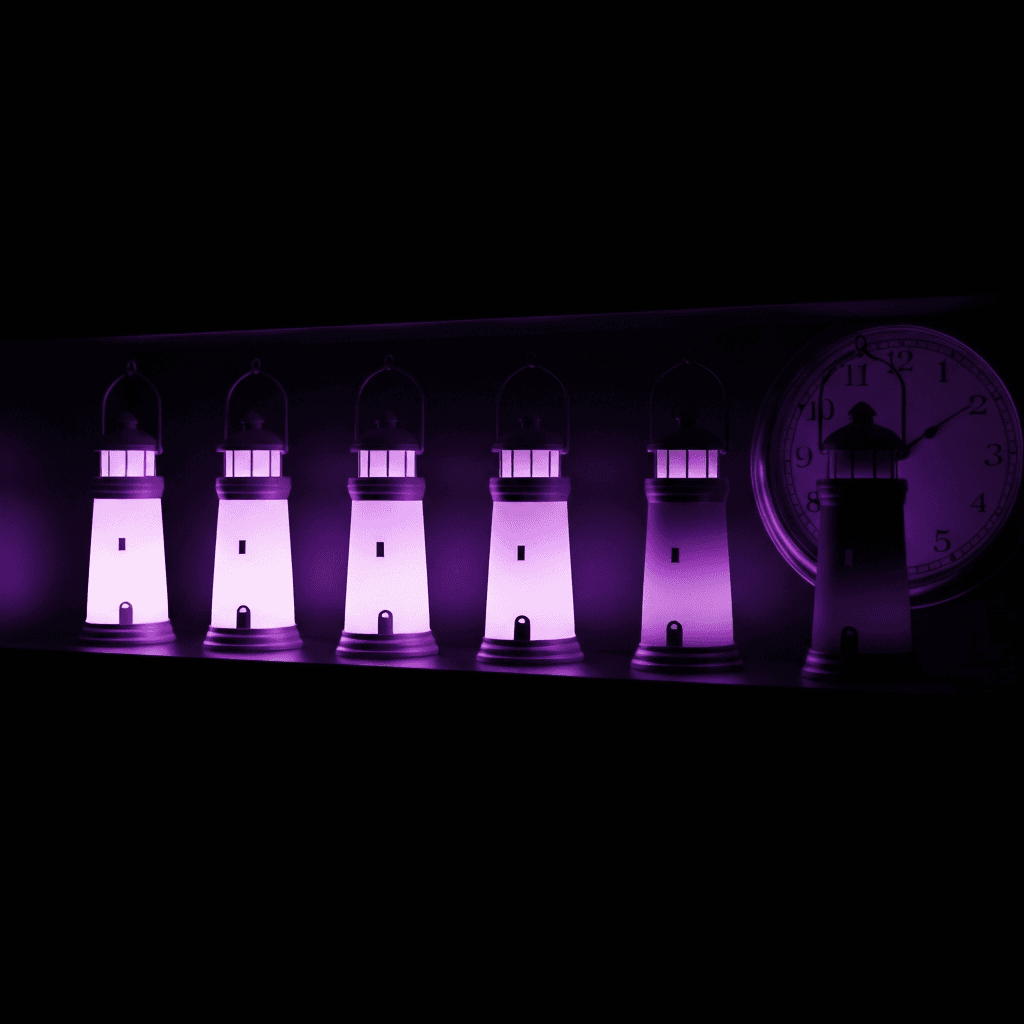 Five lighthouse lanterns with varying purple glow intensities from bright to dark, representing endpoint uptime monitoring.