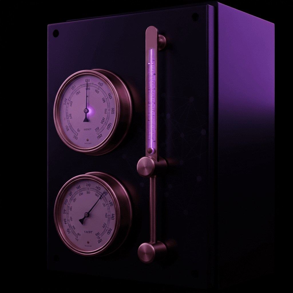 Brass weather station instruments with purple-glowing gauge needles and neural network patterns, representing ML weather prediction.
