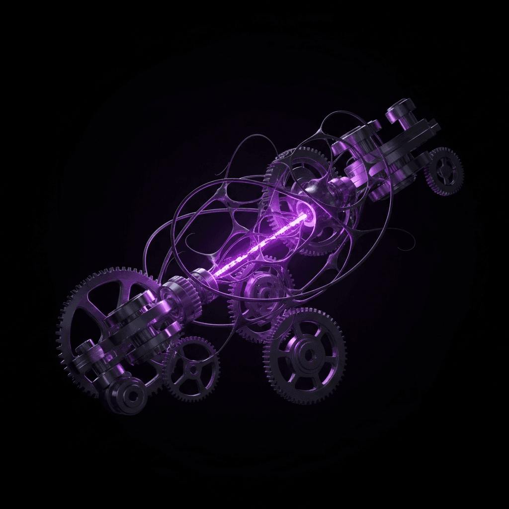 Probabilistic AI neural network intertwines with deterministic mechanical gears, highlighting complexities and maintenance.